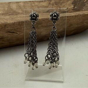 Dark Silver Tone Flower Earrings With Chain Link Dangles